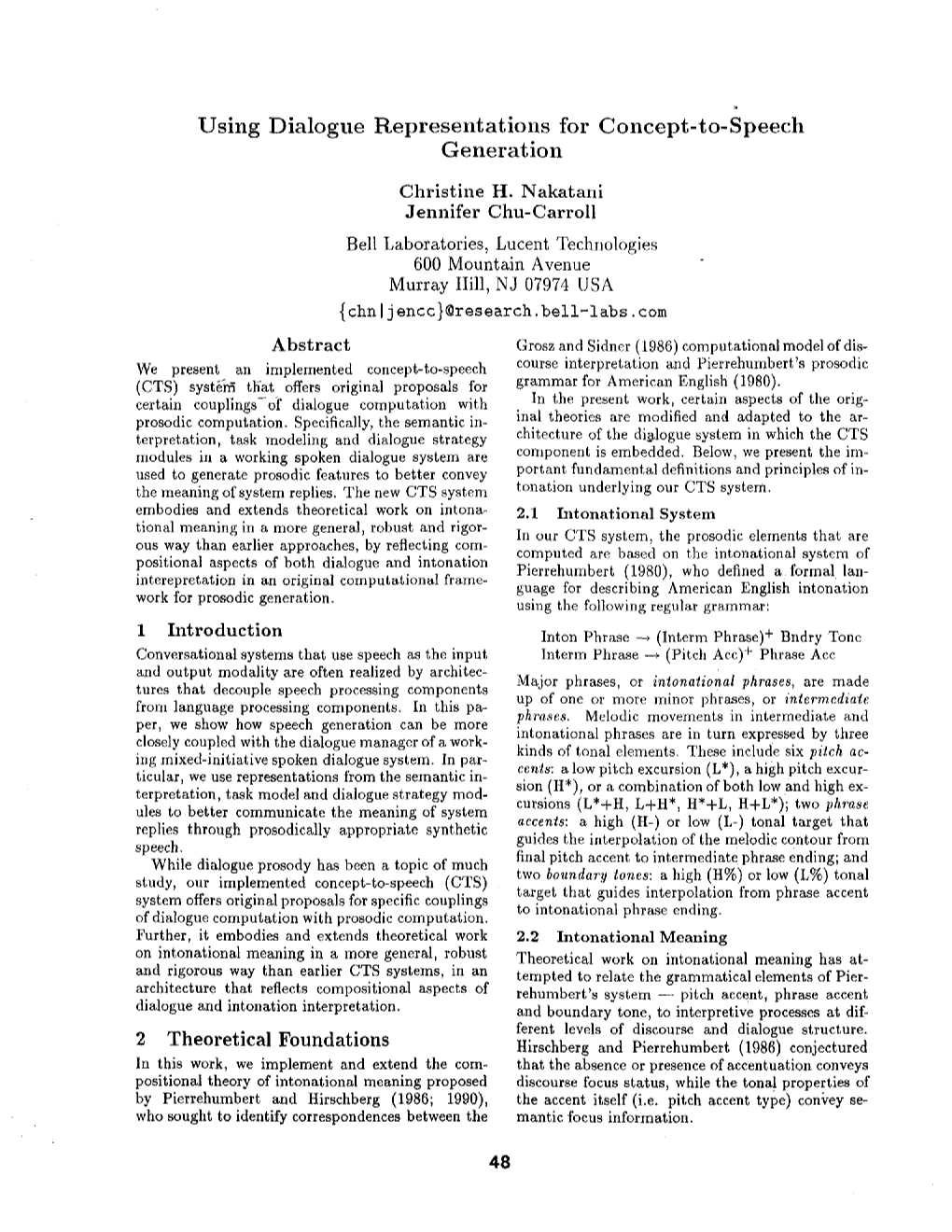 Using Dialogue Representations for Concept-To-Speech Generation