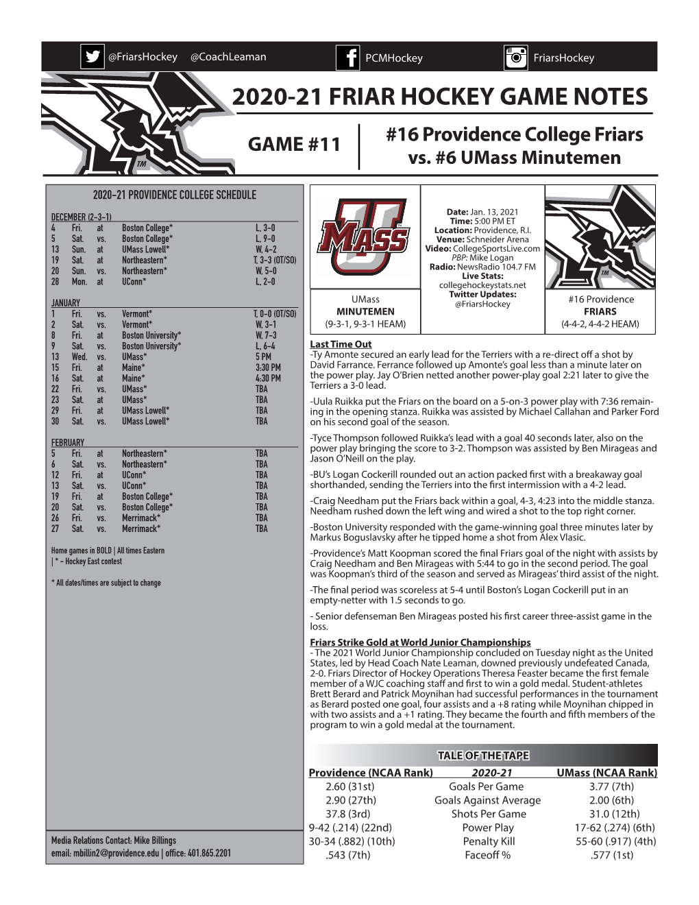 2020-21 Friar Hockey Game Notes