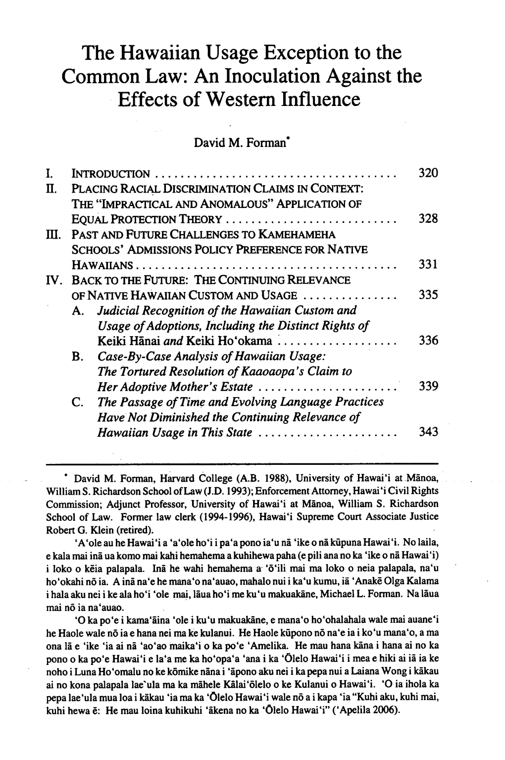 The Hawaiian Usage Exception to the Common Law: an Inoculation Against the Effects of Western Influence