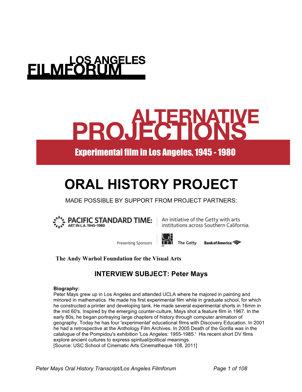 Oral History Project Made Possible by Support from Project Partners