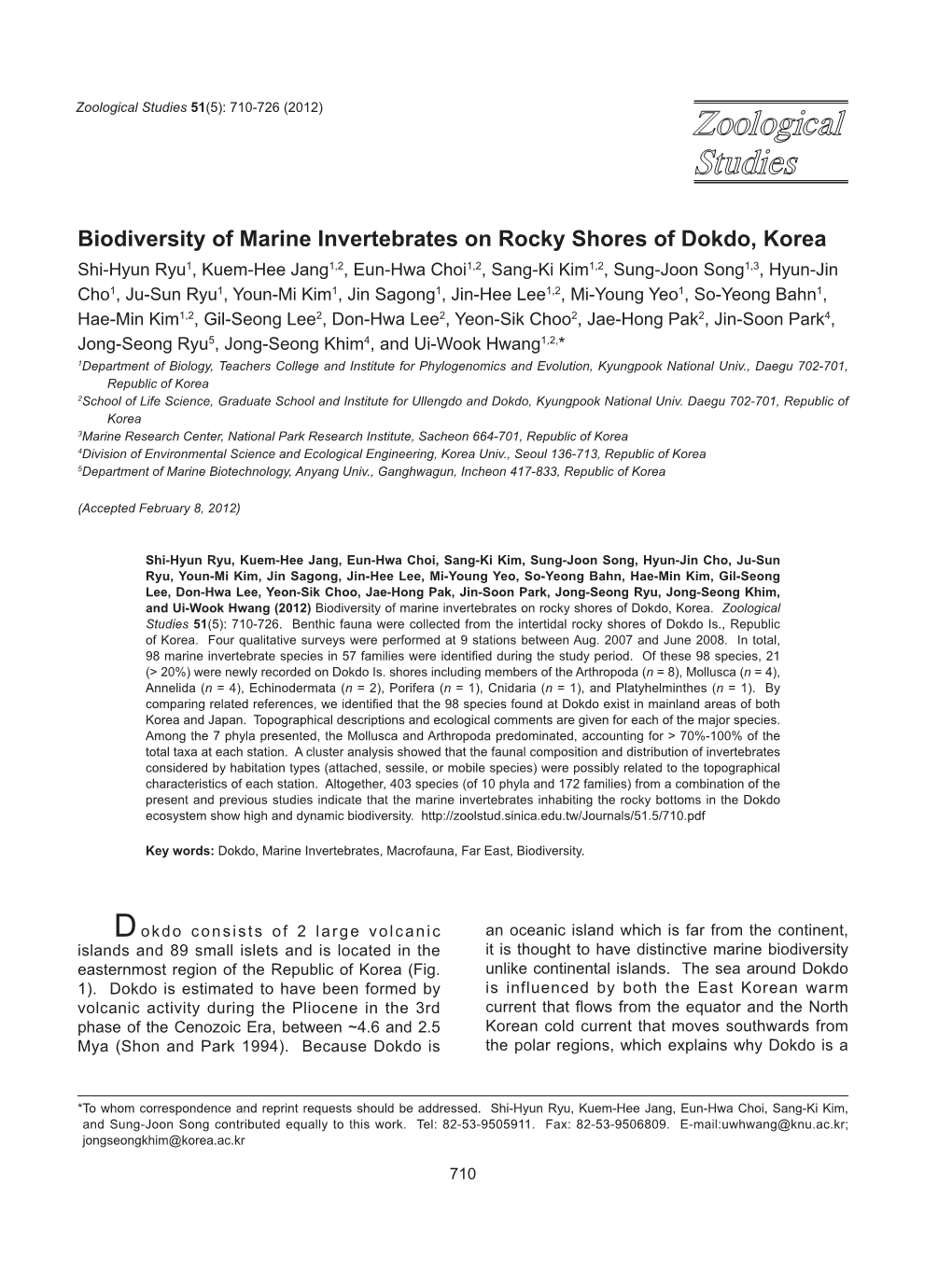 Biodiversity of Marine Invertebrates on Rocky Shores of Dokdo, Korea