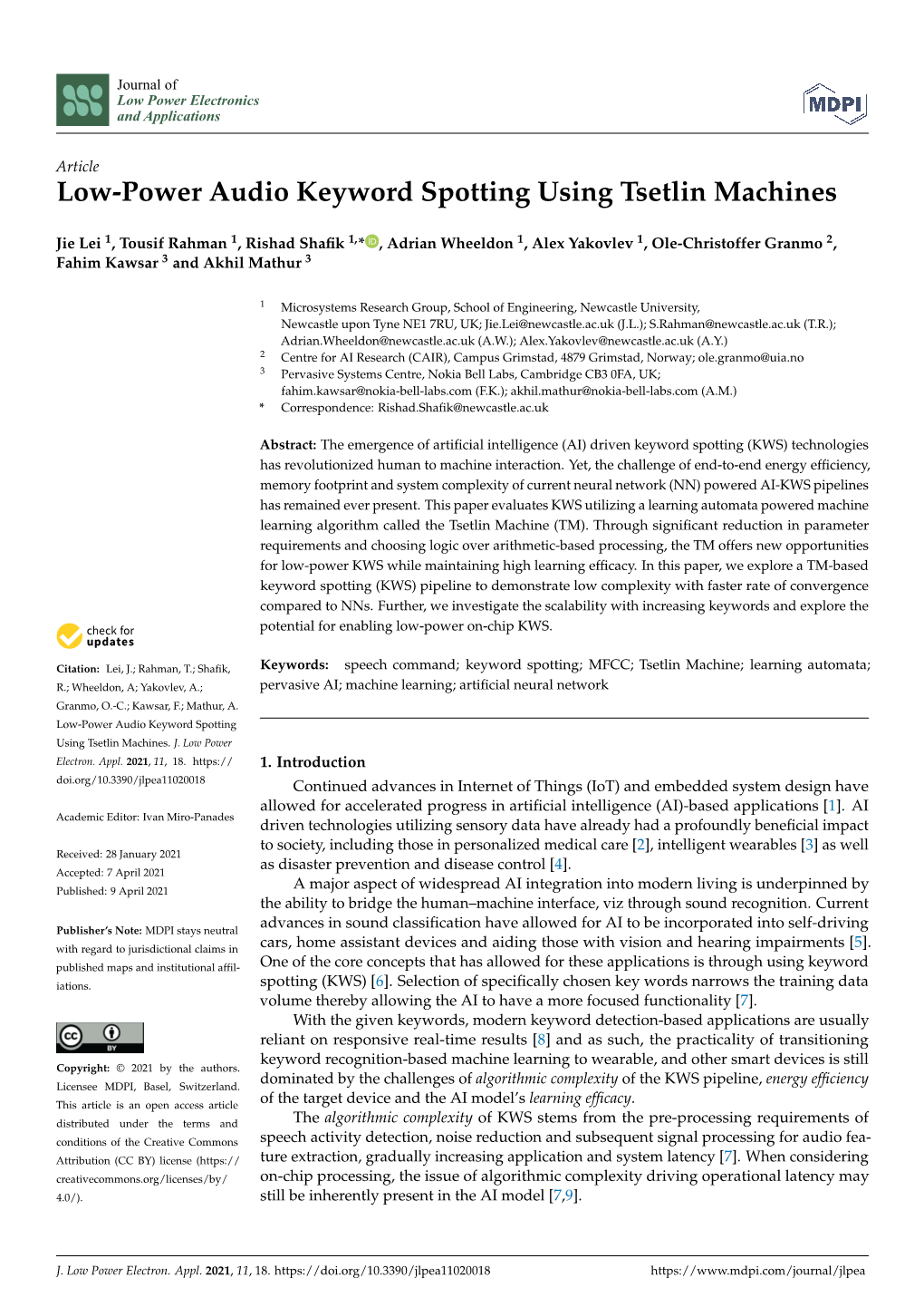 Low-Power Audio Keyword Spotting Using Tsetlin Machines