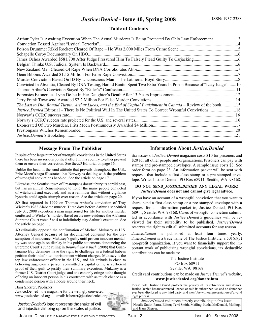 Issue 40, Spring 2008 ISSN: 1937-2388 Table of Contents