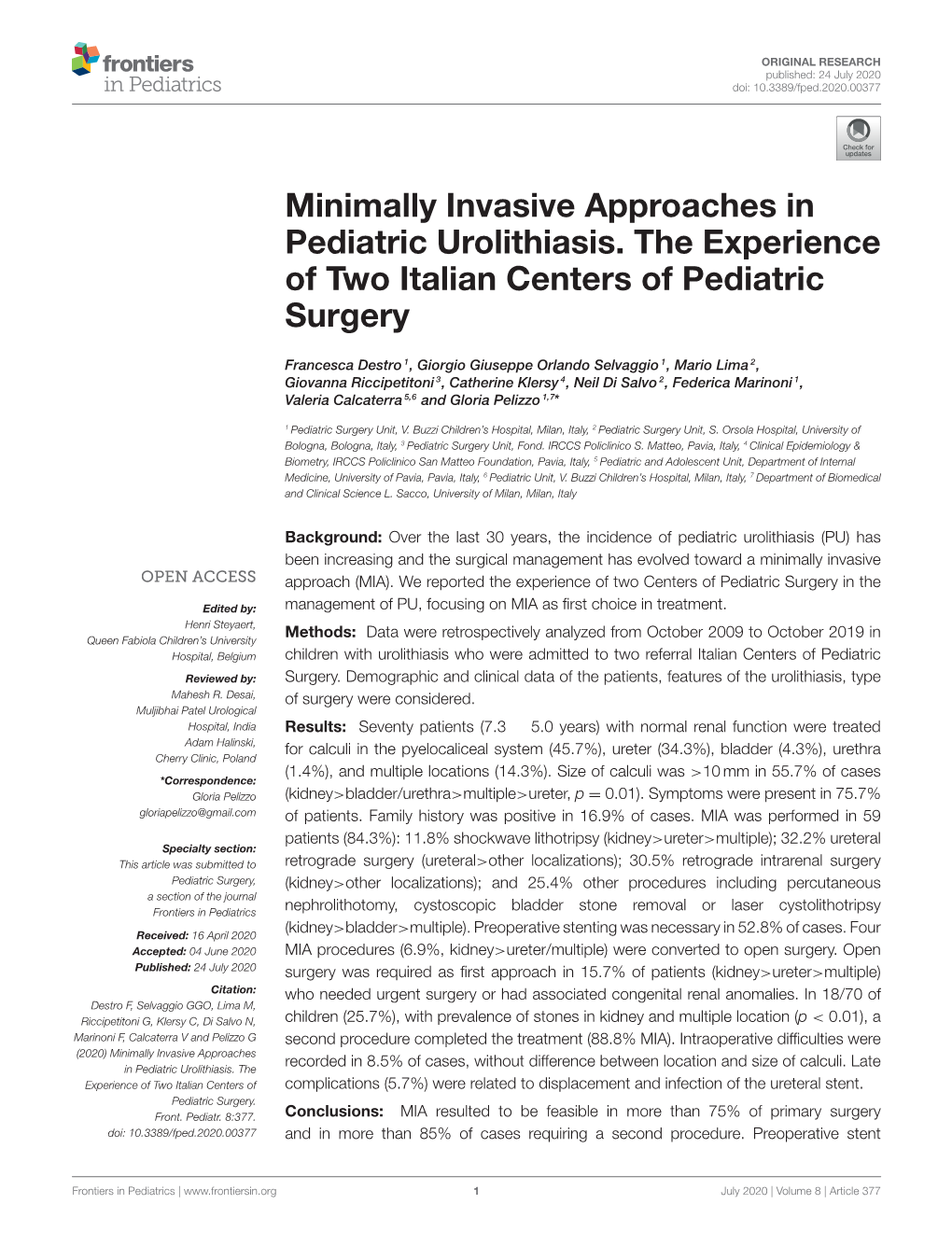 Minimally Invasive Approaches in Pediatric Urolithiasis. the Experience of Two Italian Centers of Pediatric Surgery