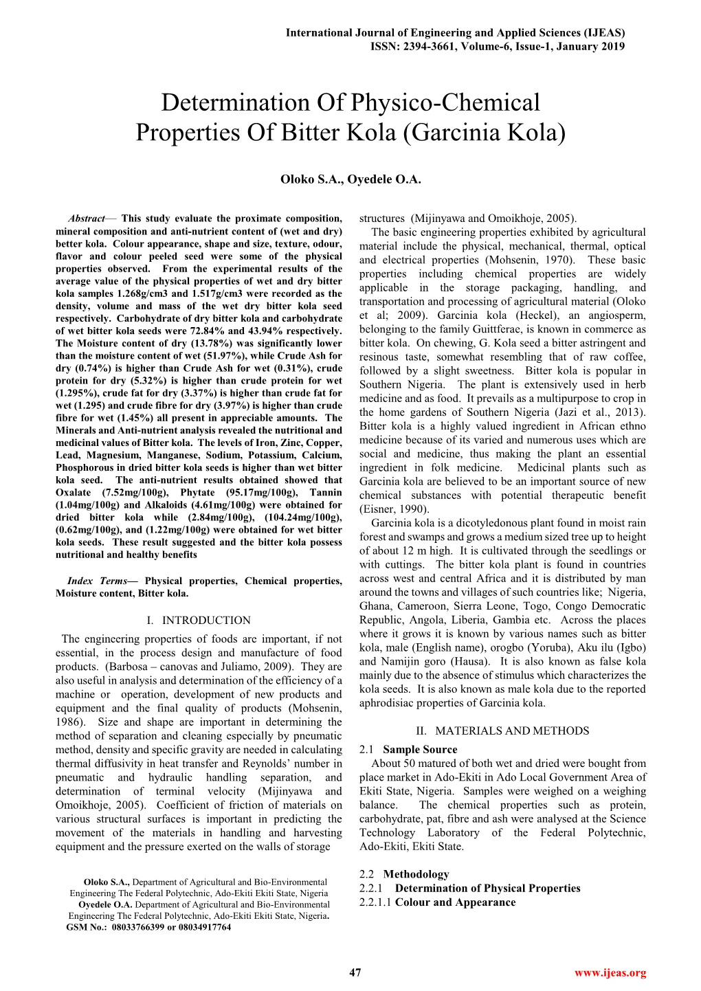 Determination of Physico-Chemical Properties of Bitter Kola (Garcinia Kola)