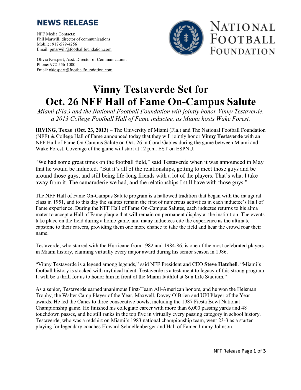 Vinny Testaverde Set for Oct. 26 NFF Hall of Fame On-Campus Salute