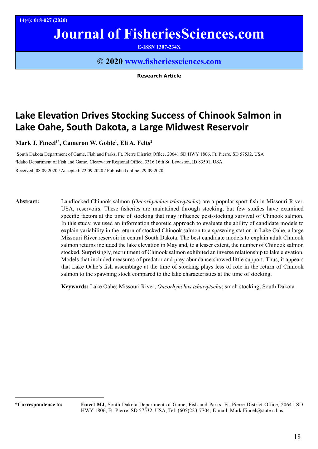 Lake Elevation Drives Stocking Success of Chinook Salmon in Lake Oahe, South Dakota, a Large Midwest Reservoir