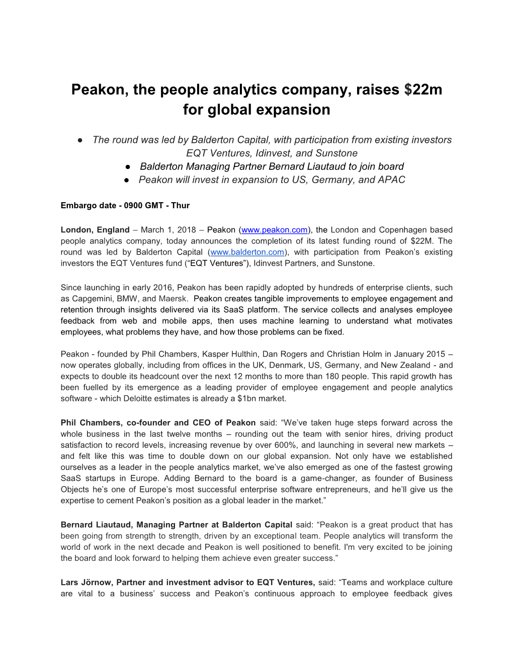 Peakon, the People Analytics Company, Raises $22M for Global Expansion