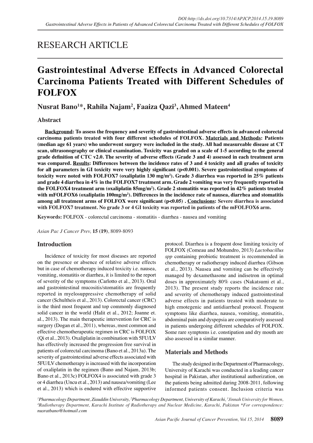 Gastrointestinal Adverse Effects in Advanced Colorectal Carcinoma