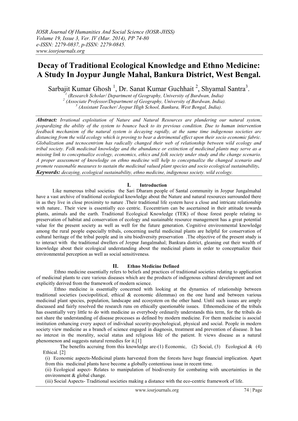 Decay of Traditional Ecological Knowledge and Ethno Medicine: a Study in Joypur Jungle Mahal, Bankura District, West Bengal