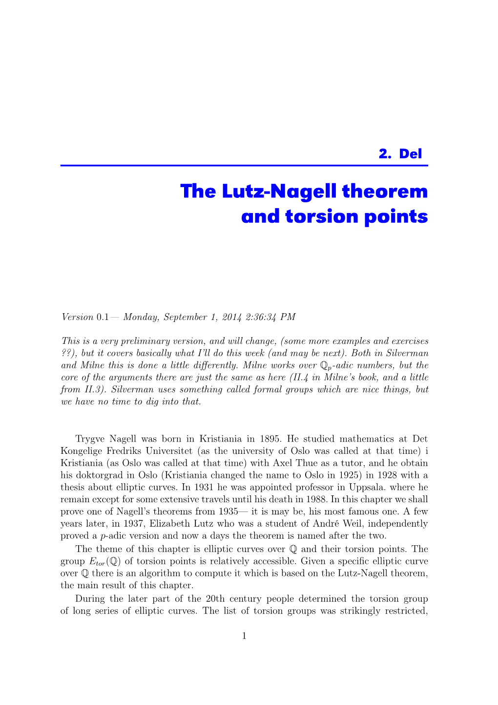 The Lutz-Nagell Theorem and Torsion Points