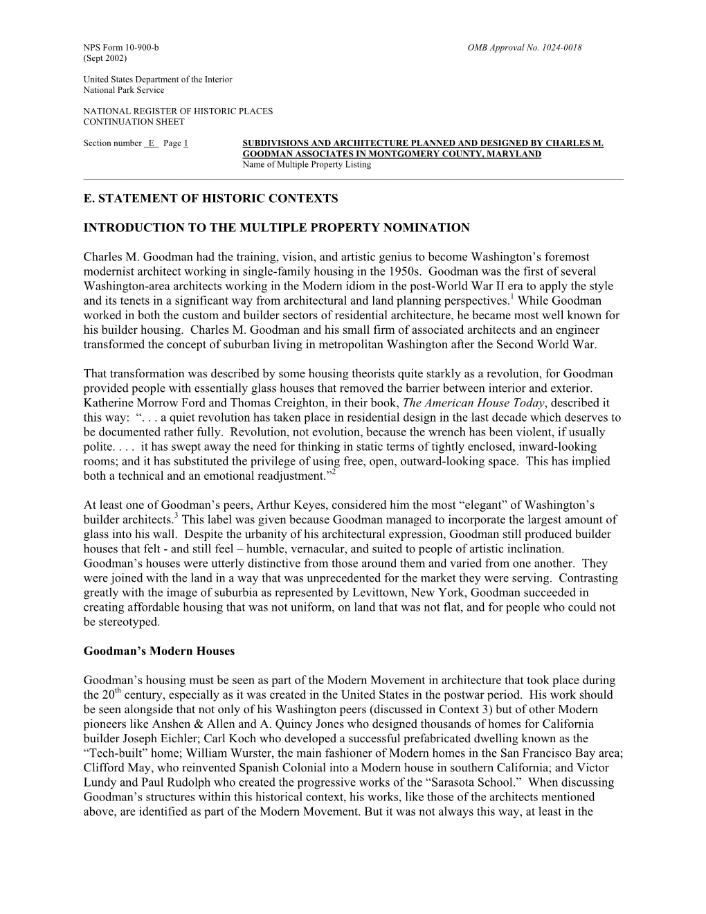 E. STATEMENT of HISTORIC CONTEXTS INTRODUCTION to the MULTIPLE PROPERTY NOMINATION Charles M. Goodman Had the Training, Vision