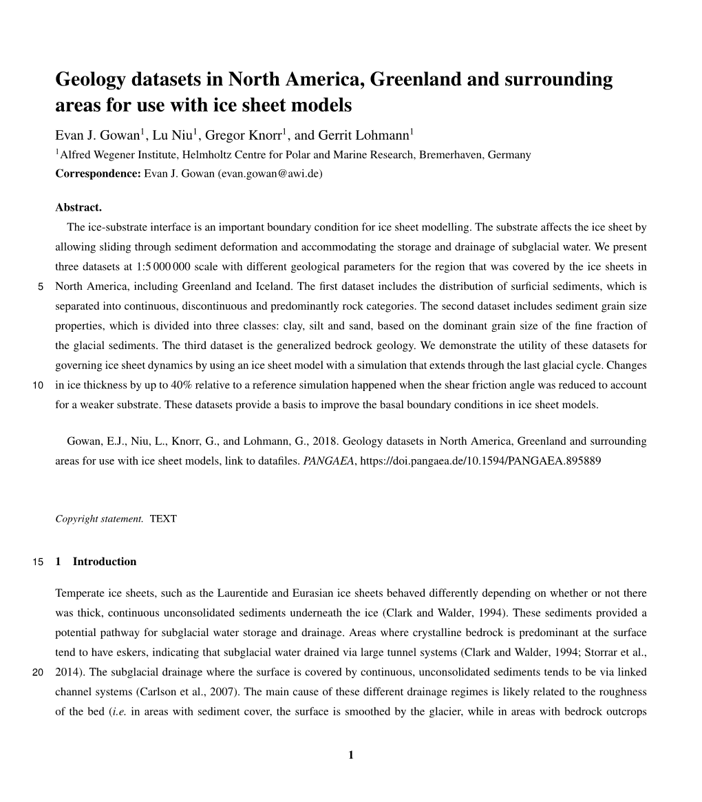 Geology Datasets in North America, Greenland and Surrounding Areas for Use with Ice Sheet Models Evan J