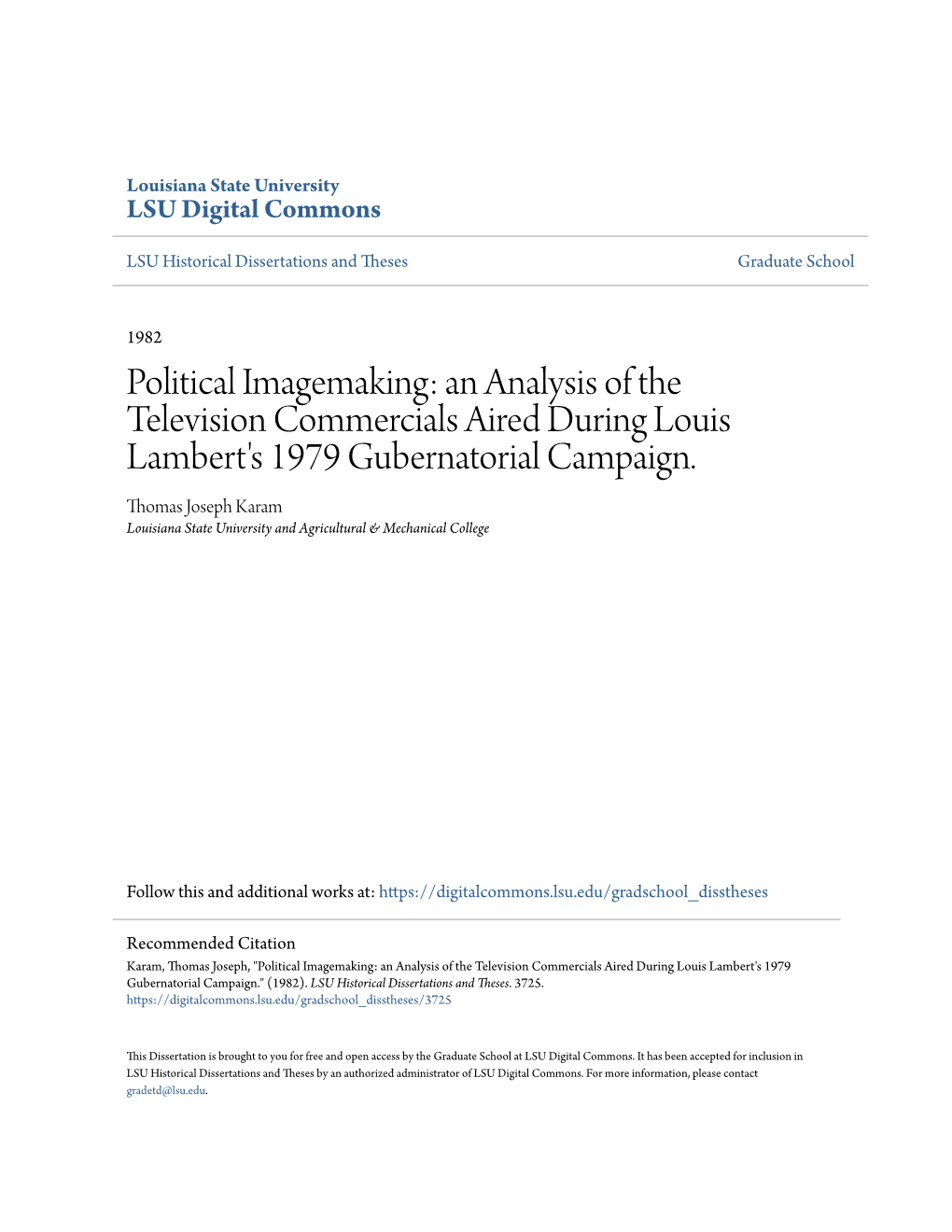 Political Imagemaking: an Analysis of the Television Commercials Aired During Louis Lambert's 1979 Gubernatorial Campaign