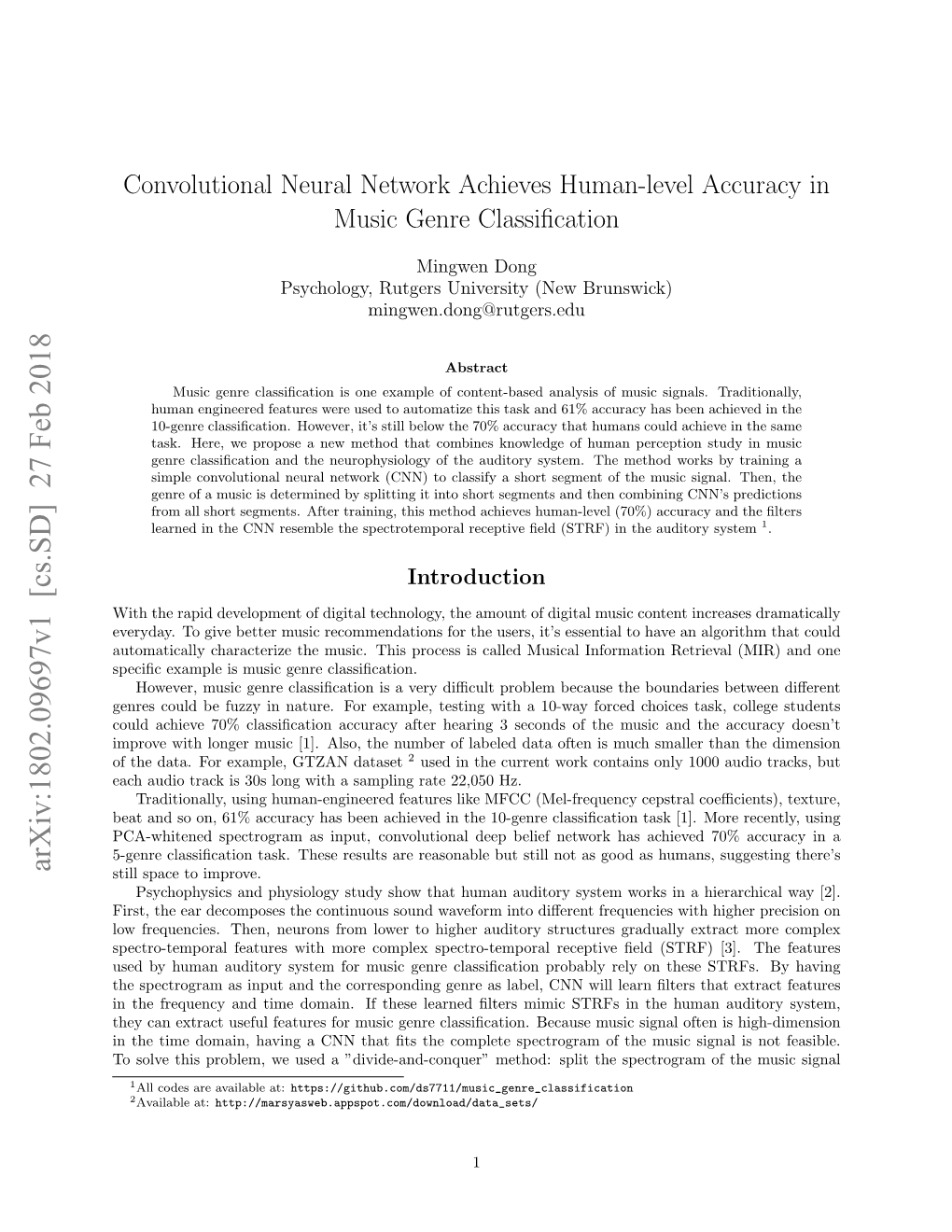 Convolutional Neural Network Achieves Human-Level Accuracy in Music Genre Classiﬁcation