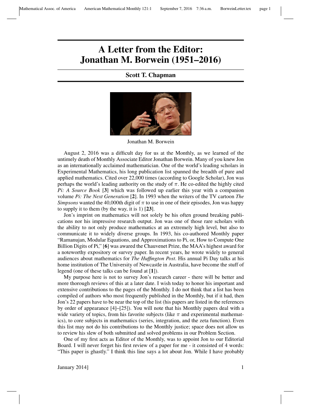 A Letter from the Editor: Jonathan M. Borwein (1951–2016)