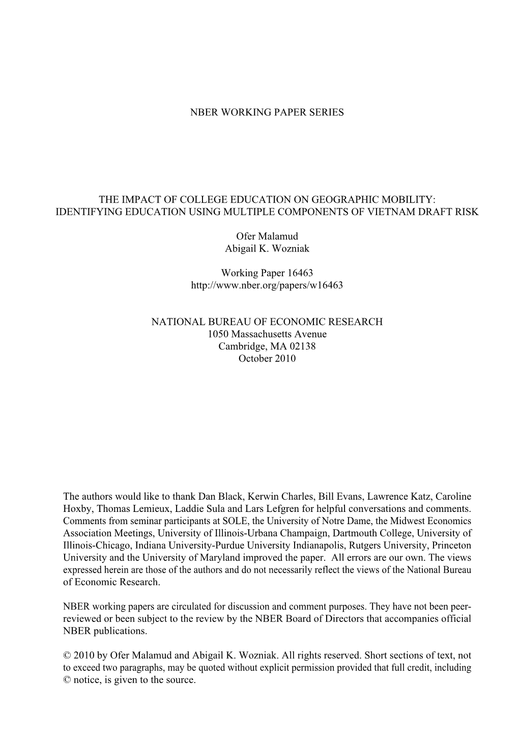 Nber Working Paper Series the Impact of College