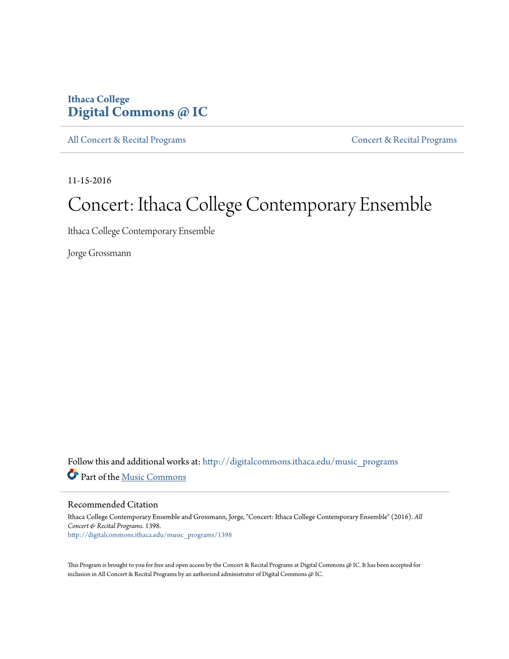 Concert: Ithaca College Contemporary Ensemble Ithaca College Contemporary Ensemble
