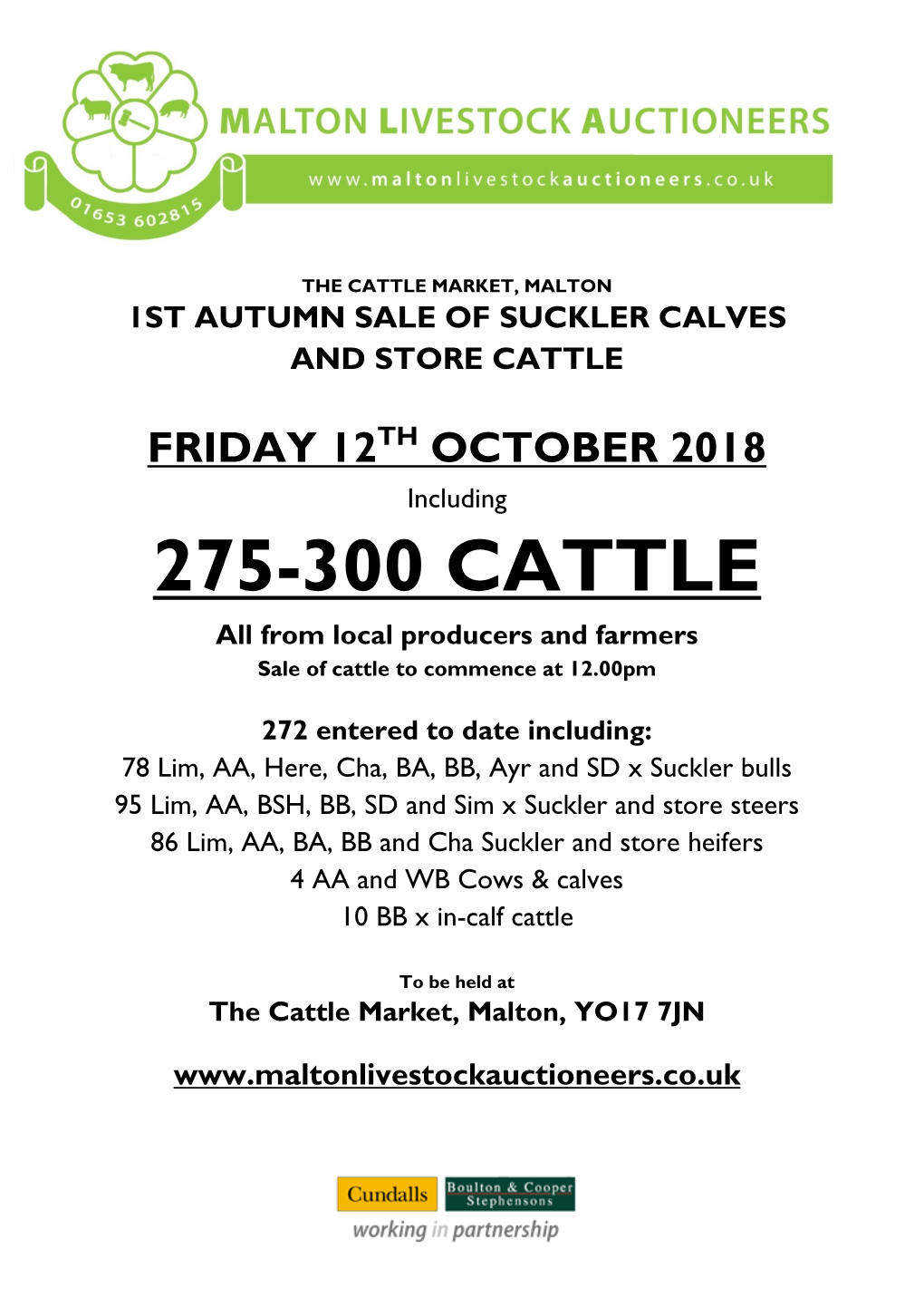 275-300 CATTLE All from Local Producers and Farmers Sale of Cattle to Commence at 12.00Pm