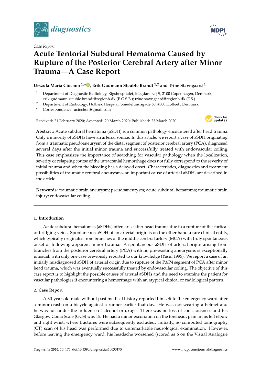 Acute Tentorial Subdural Hematoma Caused by Rupture of the Posterior Cerebral Artery After Minor Trauma—A Case Report