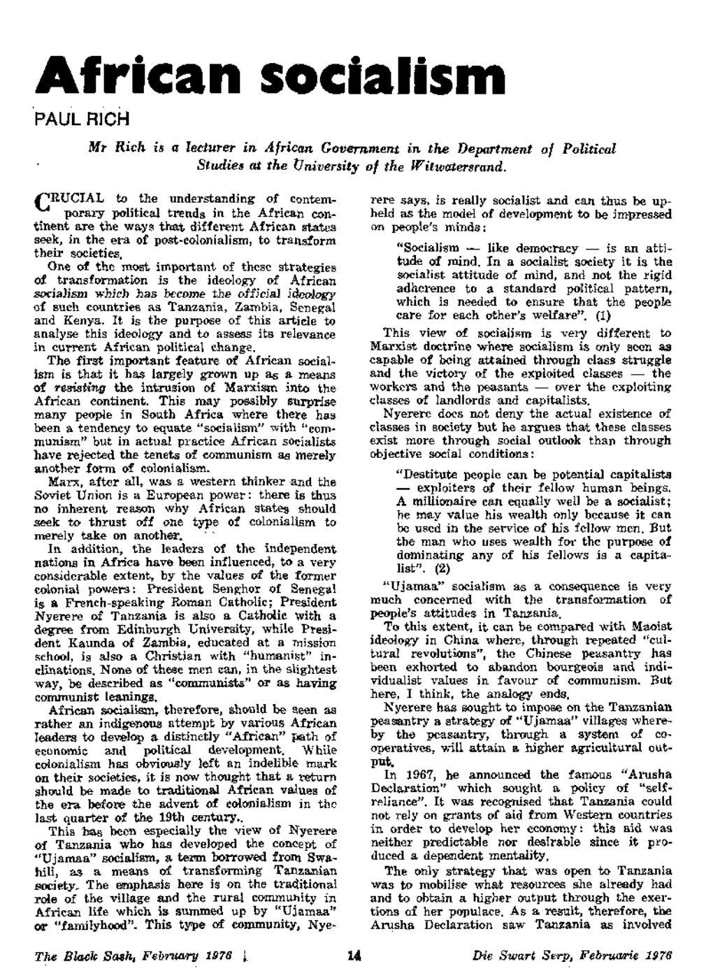 African Socialism PAUL RICH Mr Rich Is a Lecturer in African Government in the Department of Political Studies at the University of the Witwatersrand
