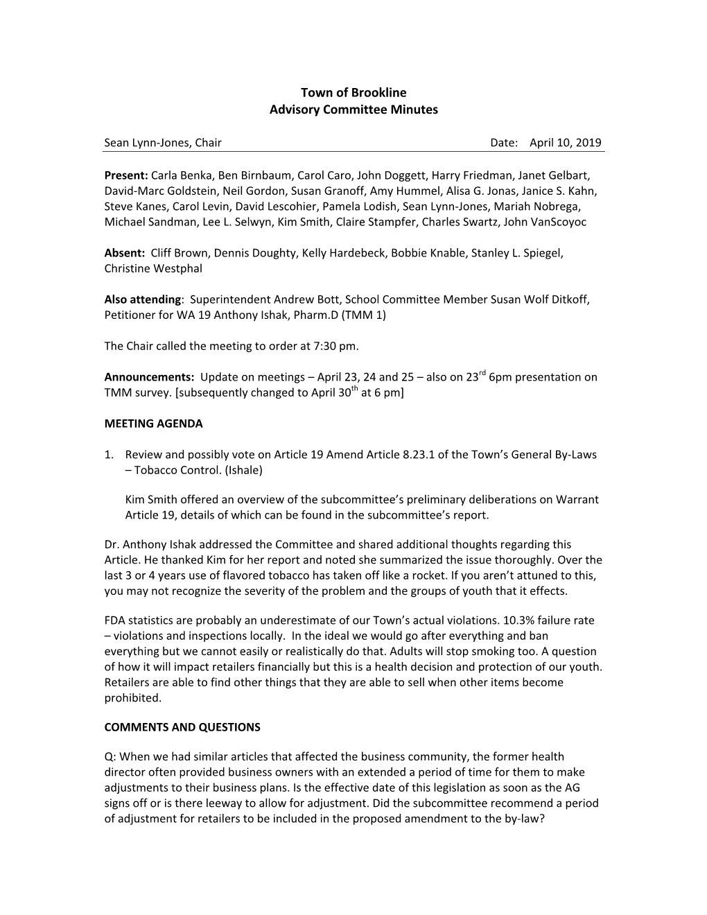 Town of Brookline Advisory Committee Minutes