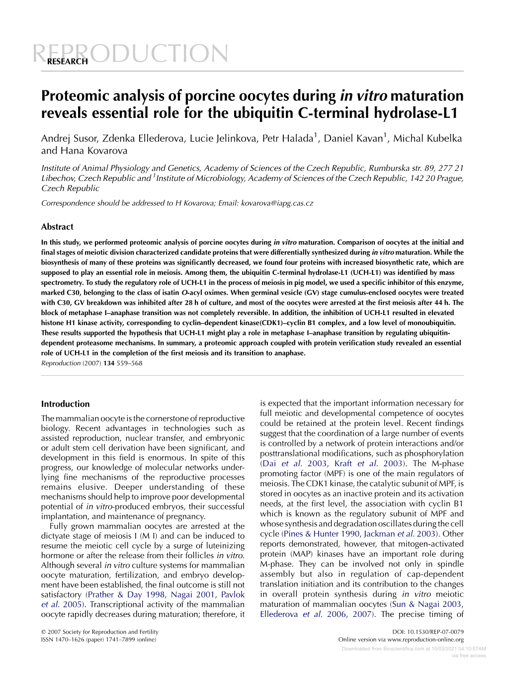 Proteomic Analysis of Porcine Oocytes During in Vitro Maturation Reveals Essential Role for the Ubiquitin C-Terminal Hydrolase-L1