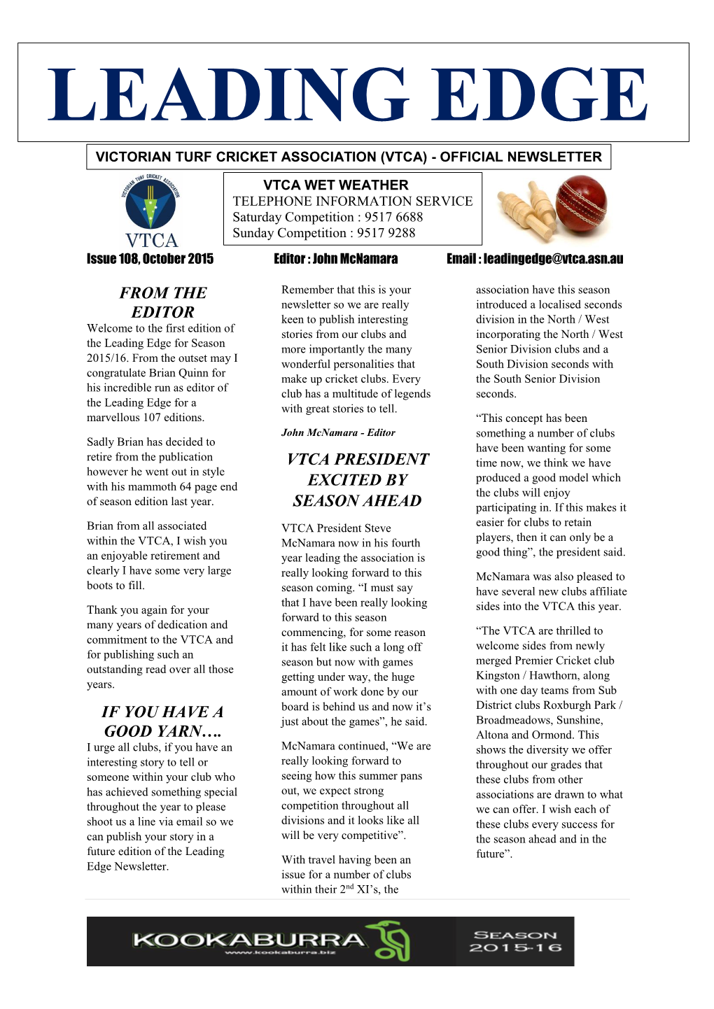 Leading Edge Victorian Turf Cricket Association (Vtca) - Official Newsletter