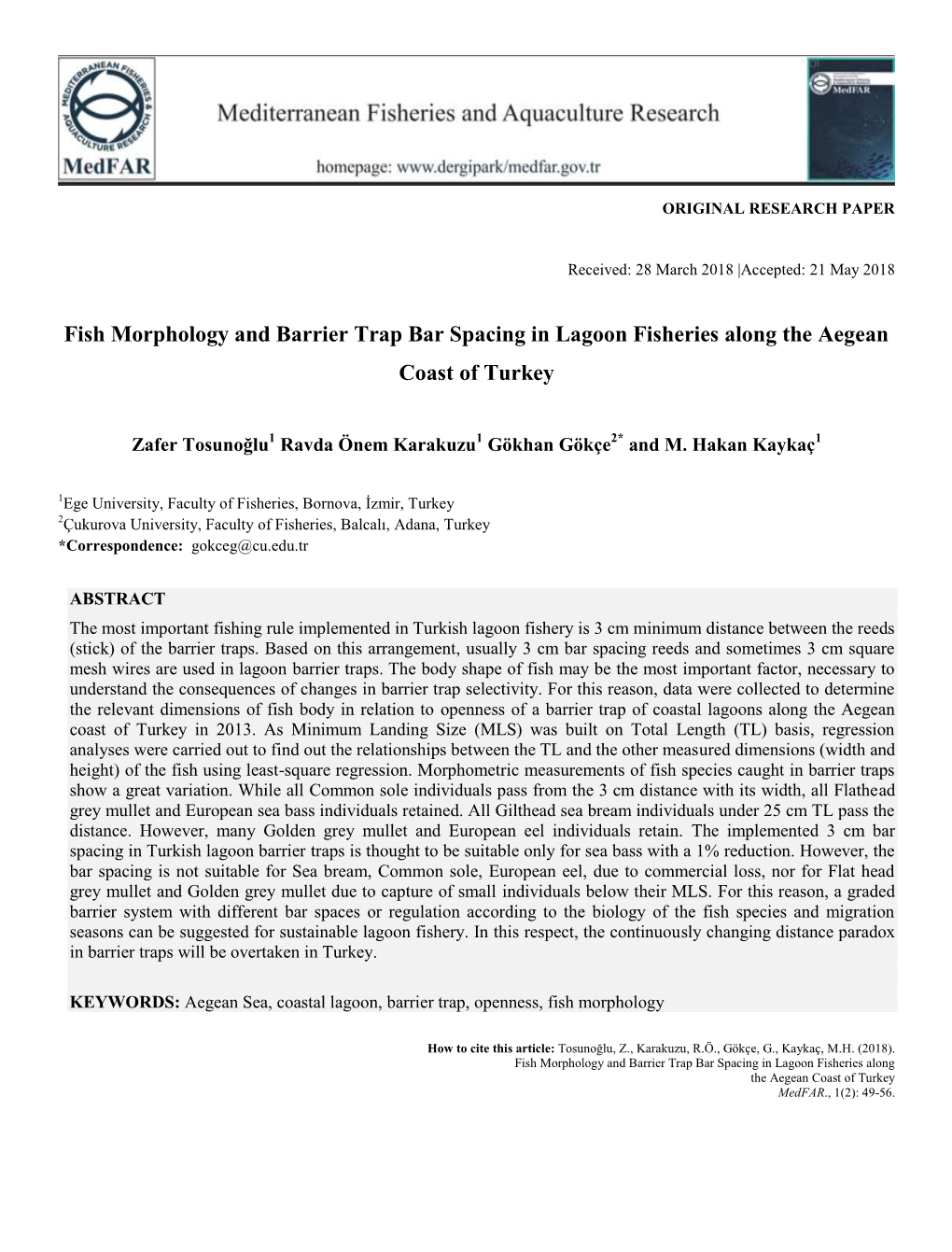 Fish Morphology and Barrier Trap Bar Spacing in Lagoon Fisheries Along the Aegean Coast of Turkey