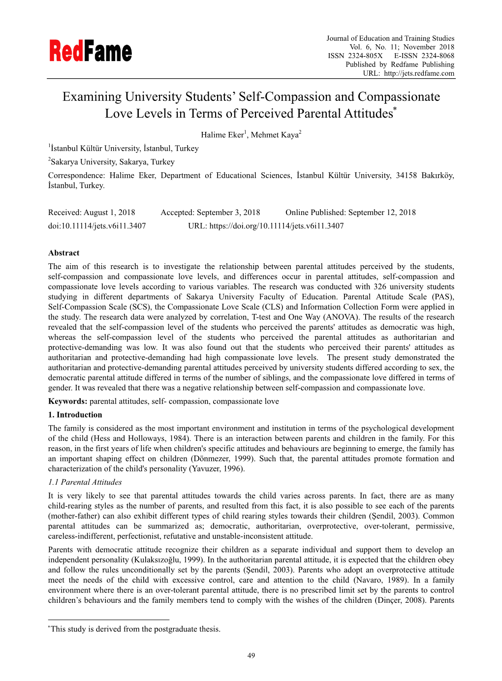 Examining University Students' Self-Compassion and Compassionate Love Levels in Terms of Perceived Parental Attitudes