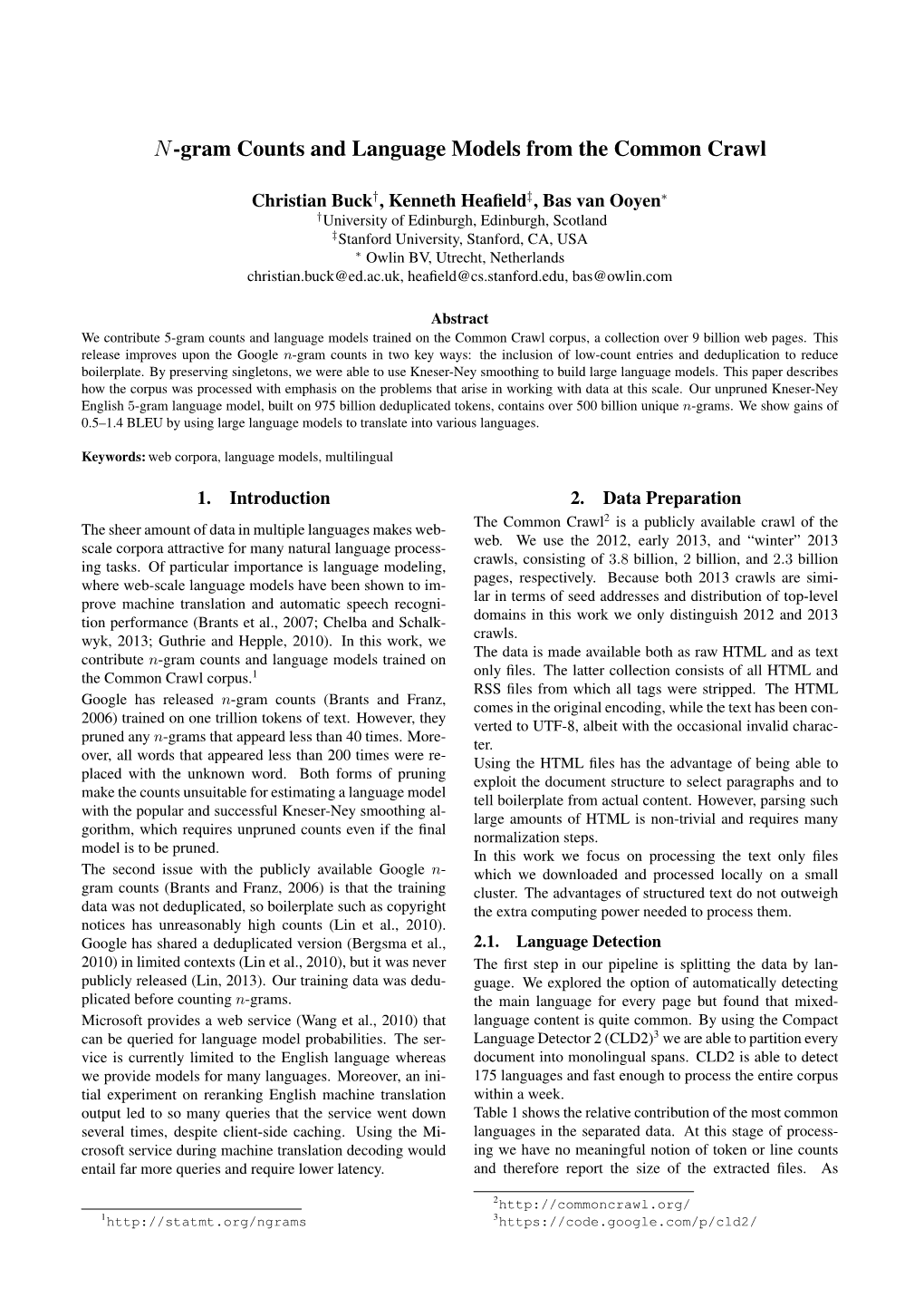 N-Gram Counts and Language Models from the Common Crawl