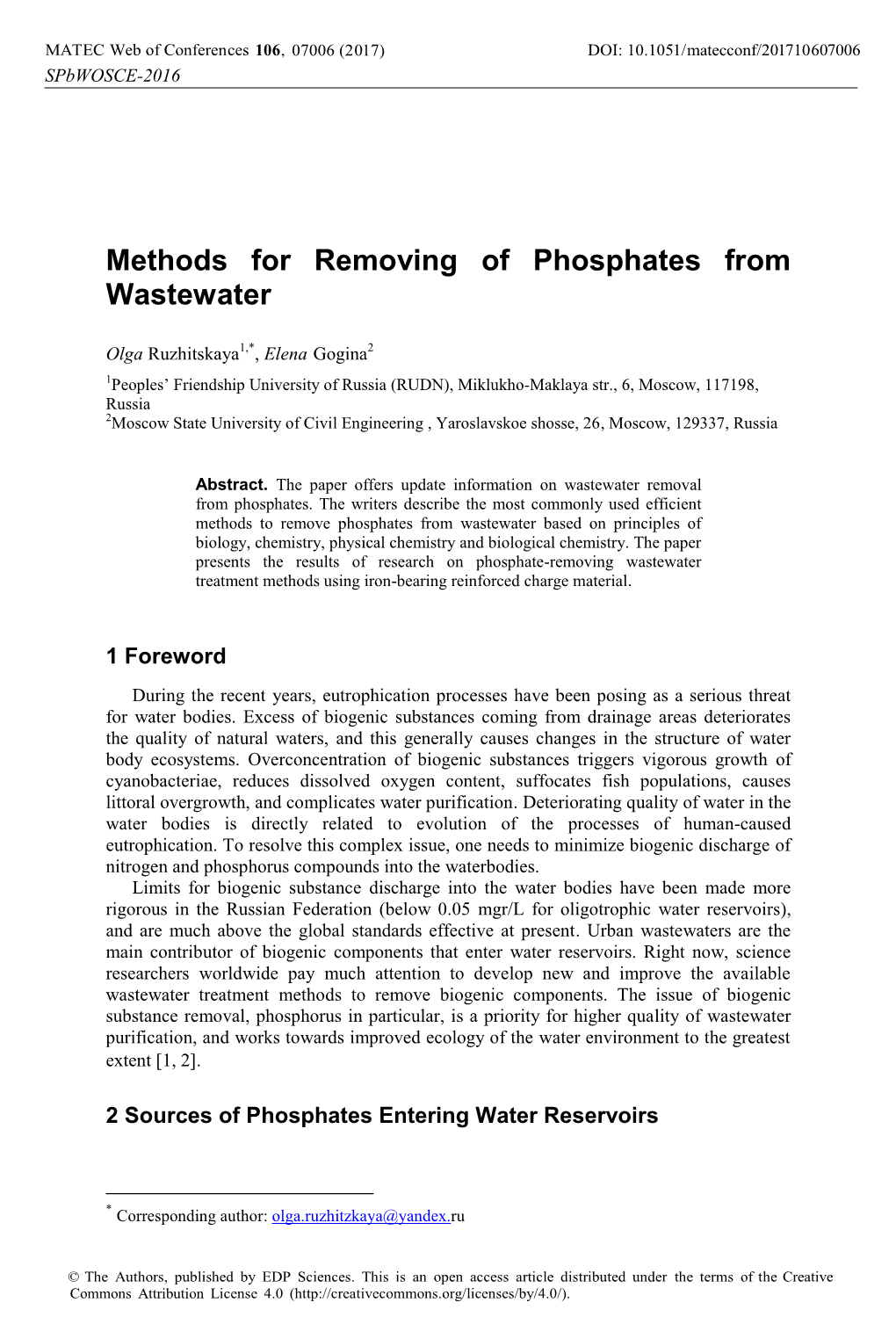 Methods for Removing of Phosphates from Wastewater