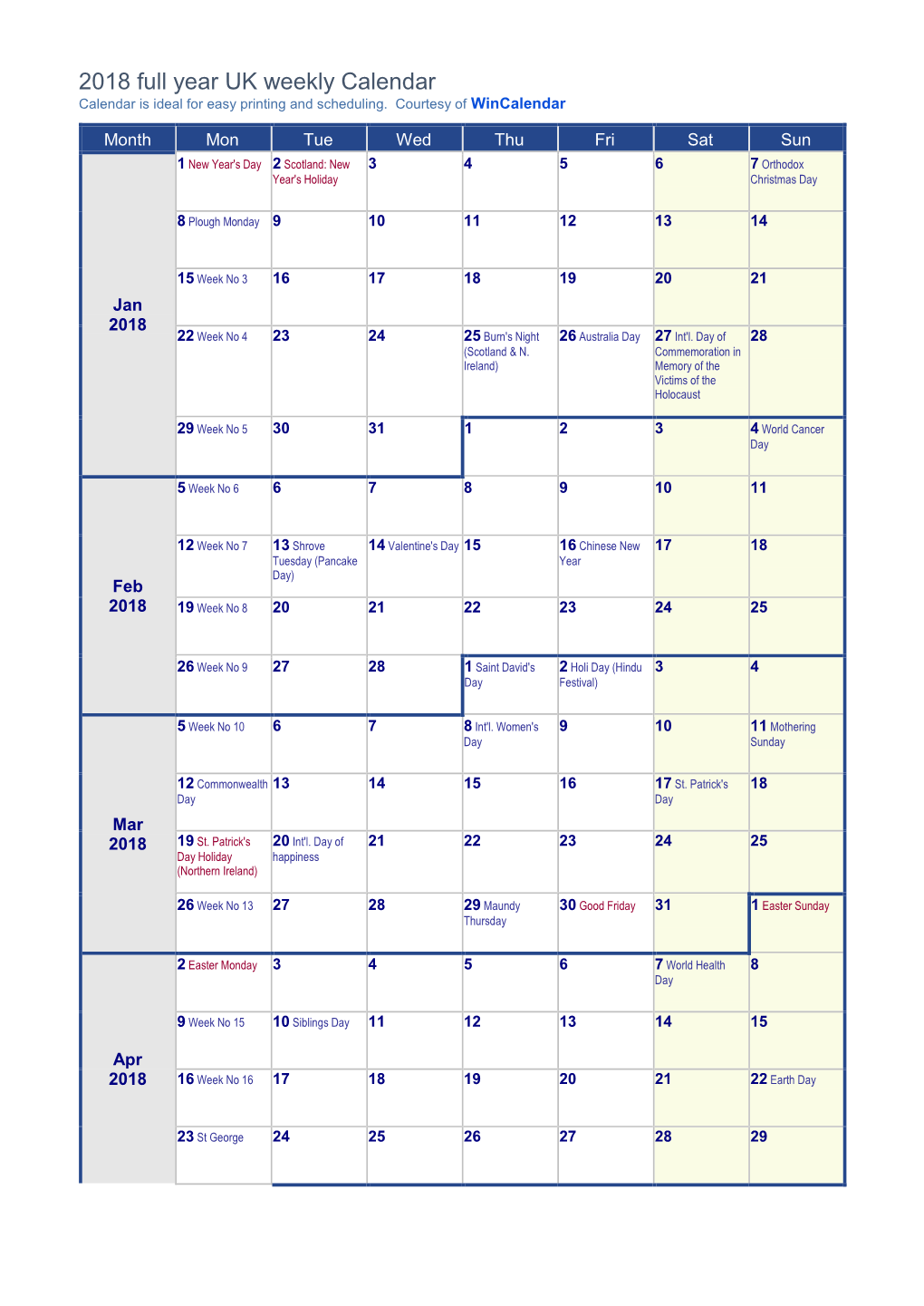 2018 Weekly Calendar