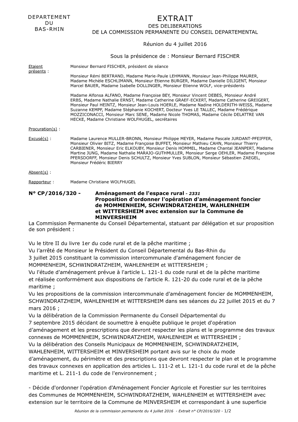 Extrait Du Des Deliberations Bas-Rhin De La Commission Permanente Du Conseil Departemental