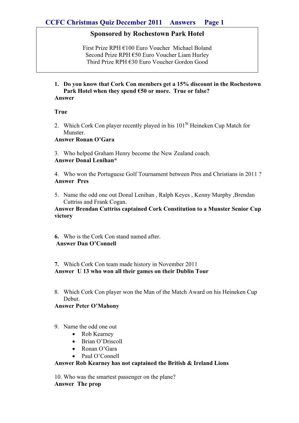 CCFC Christmas Quiz December 2011 Answers Page 1