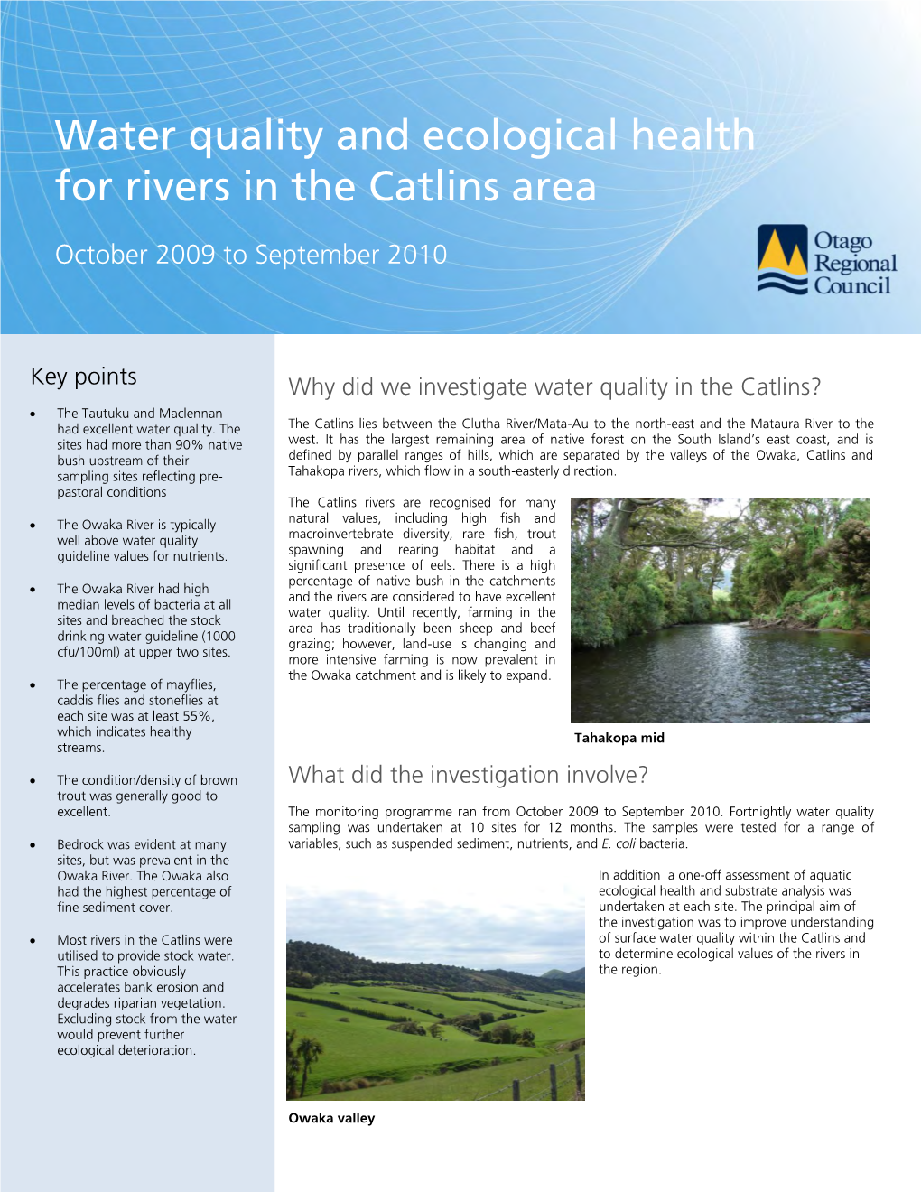 Water Quality and Ecological Health for Rivers in the Catlins Area