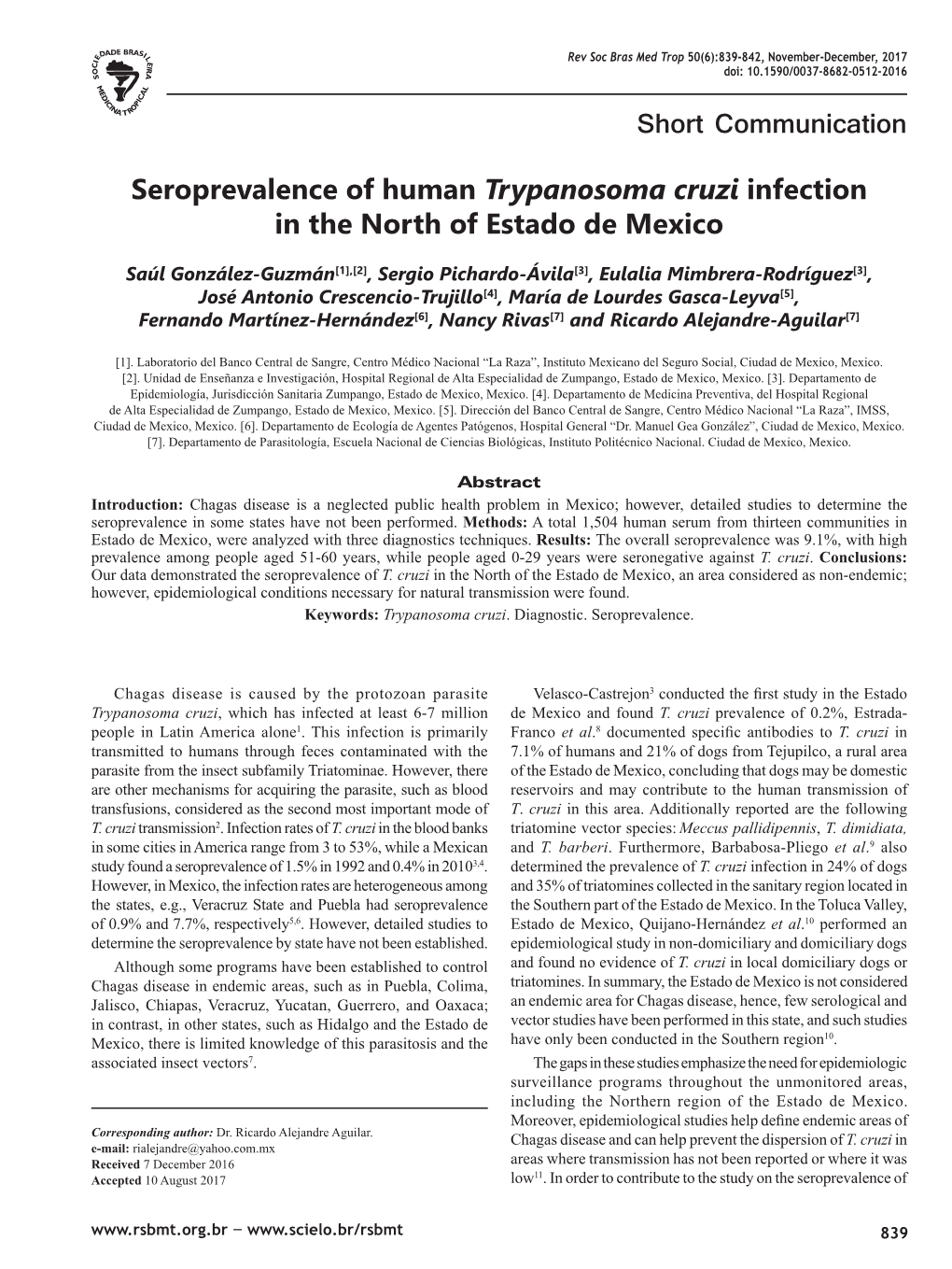 Seroprevalence of Human Trypanosoma Cruzi Infection in the North of Estado De Mexico