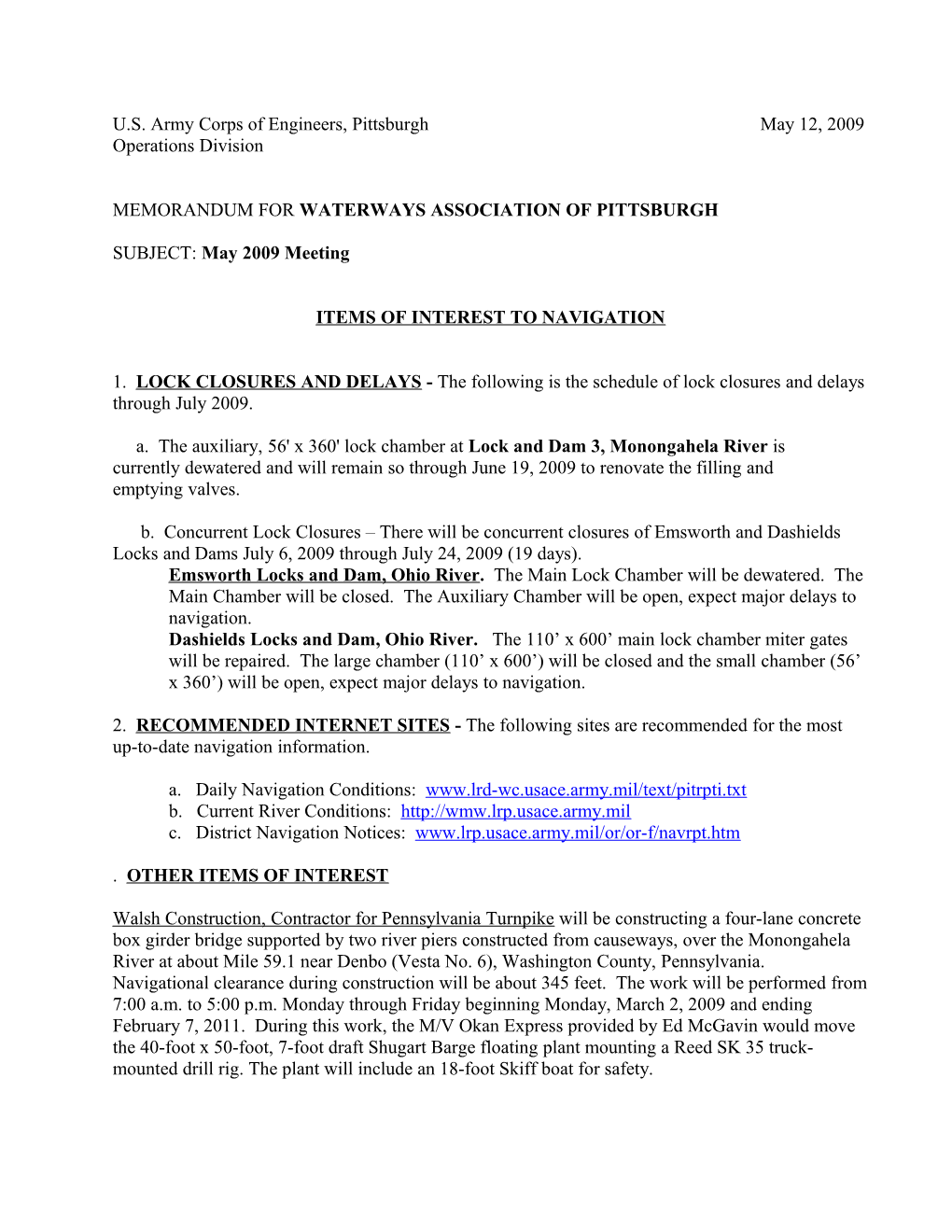 U.S. Army Corps of Engineers, Pittsburgh May 12, 2009