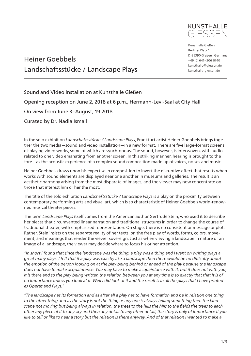 Heiner Goebbels Landschaftsstücke / Landscape Plays