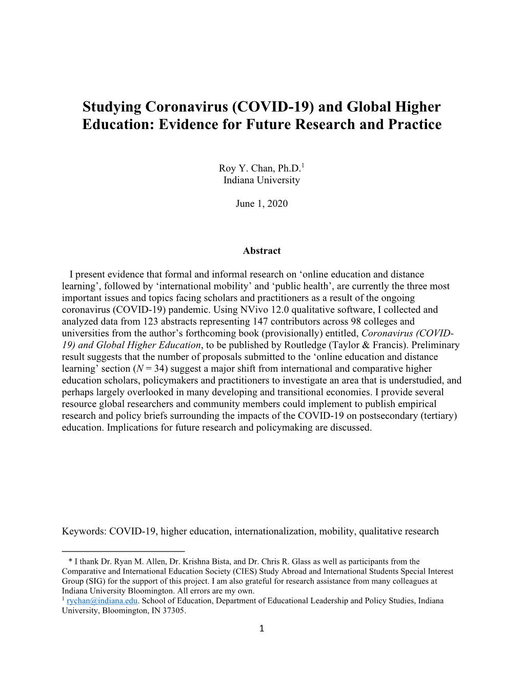 Studying Coronavirus (COVID-19) and Global Higher Education: Evidence for Future Research and Practice