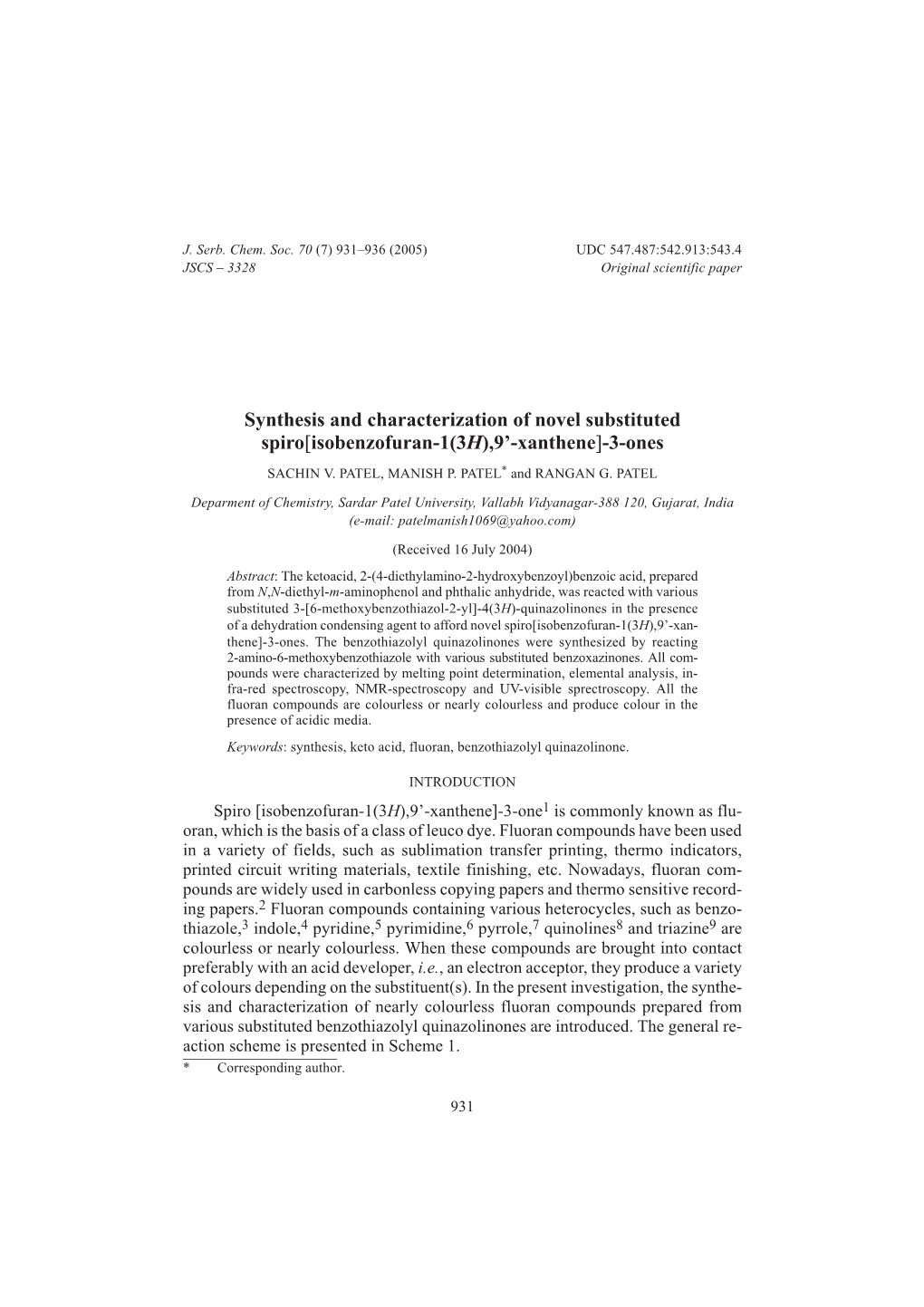 Synthesis and Characterization of Novel Substituted Spiro [Isobenzofuran-1 (3H), 9'-Xanthene]-3-Ones