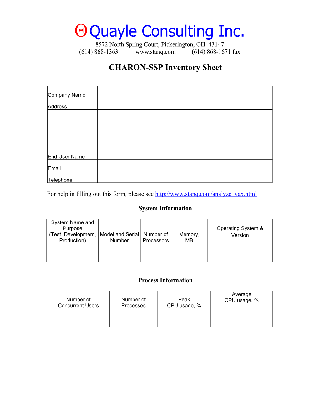 CHARON-SSP Inventory Sheet