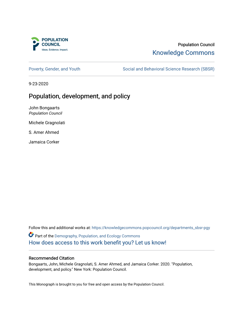 Population, Development, and Policy