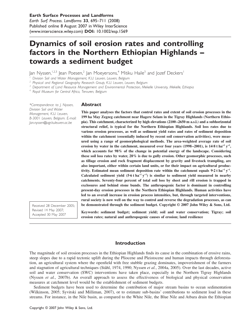 Dynamics of Soil Erosion Rates and Controlling Factors in the Northern Ethiopian Highlands – Towards a Sediment Budget