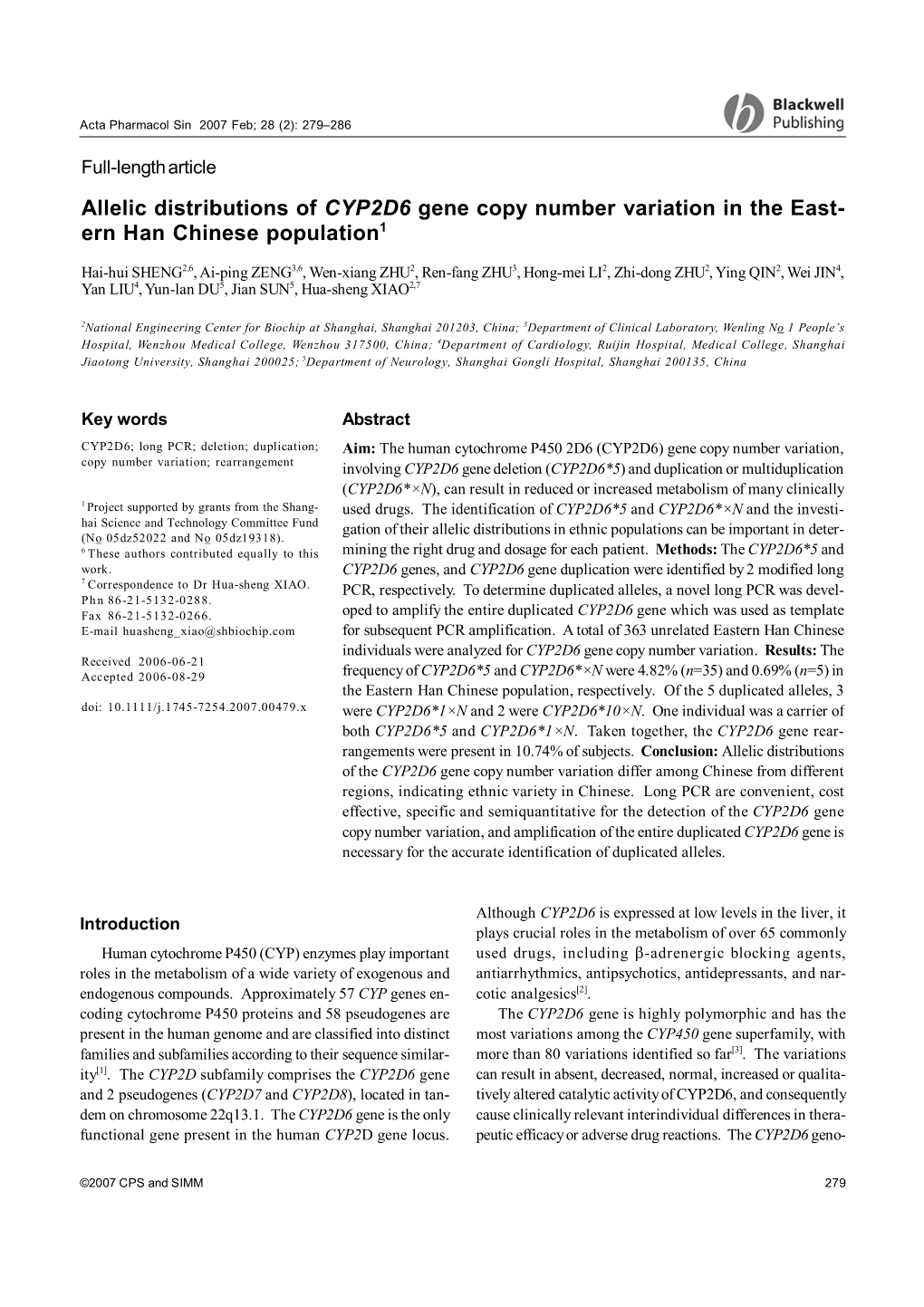 Allelic Distributions of CYP2D6 Gene Copy Number Variation in the East- Ern Han Chinese Population1