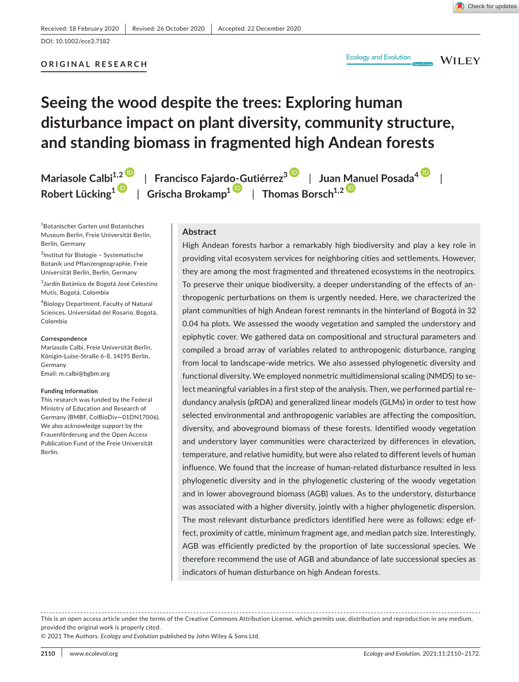 Seeing the Wood Despite the Trees: Exploring Human Disturbance Impact on Plant Diversity, Community Structure, and Standing Biomass in Fragmented High Andean Forests