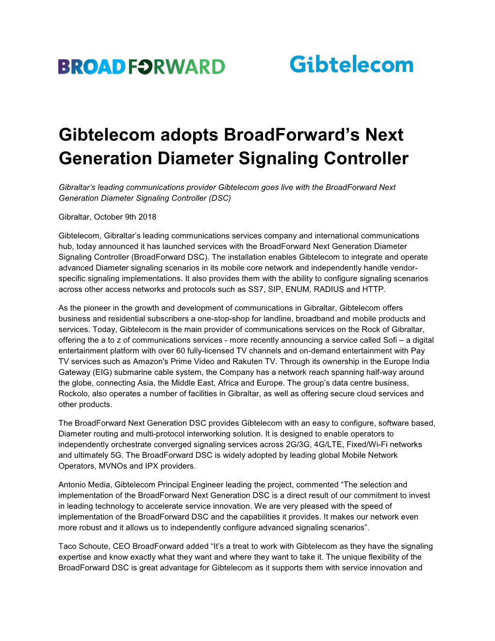 Gibtelecom Adopts Broadforward's Next Generation Diameter