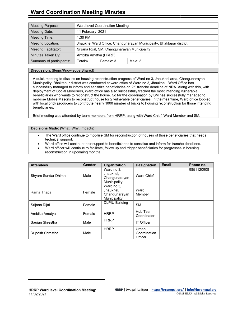 Meeting Minute of Ward Coordination Meeting at Ward No 3, Jhaukhel