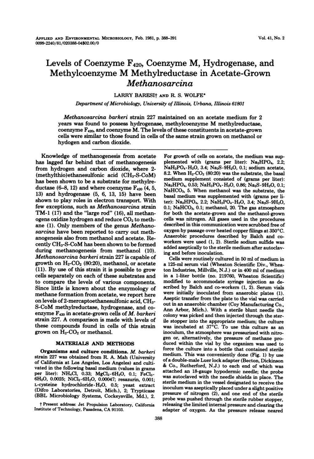 Methylcoenzyme M Methylreductase in Acetate-Grown Methanosarcina LARRY Baresit and R