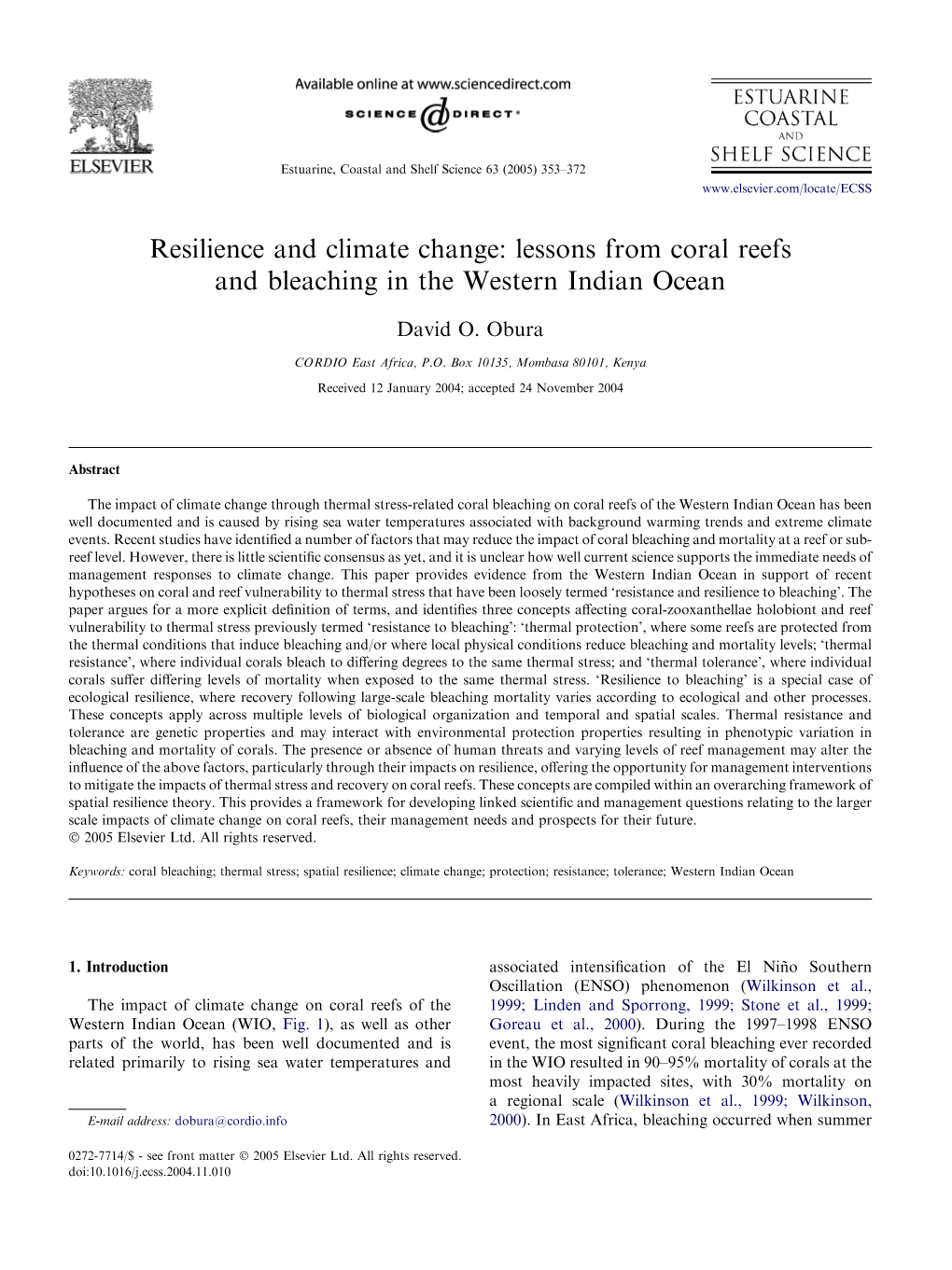 Resilience and Climate Change: Lessons from Coral Reefs and Bleaching in the Western Indian Ocean